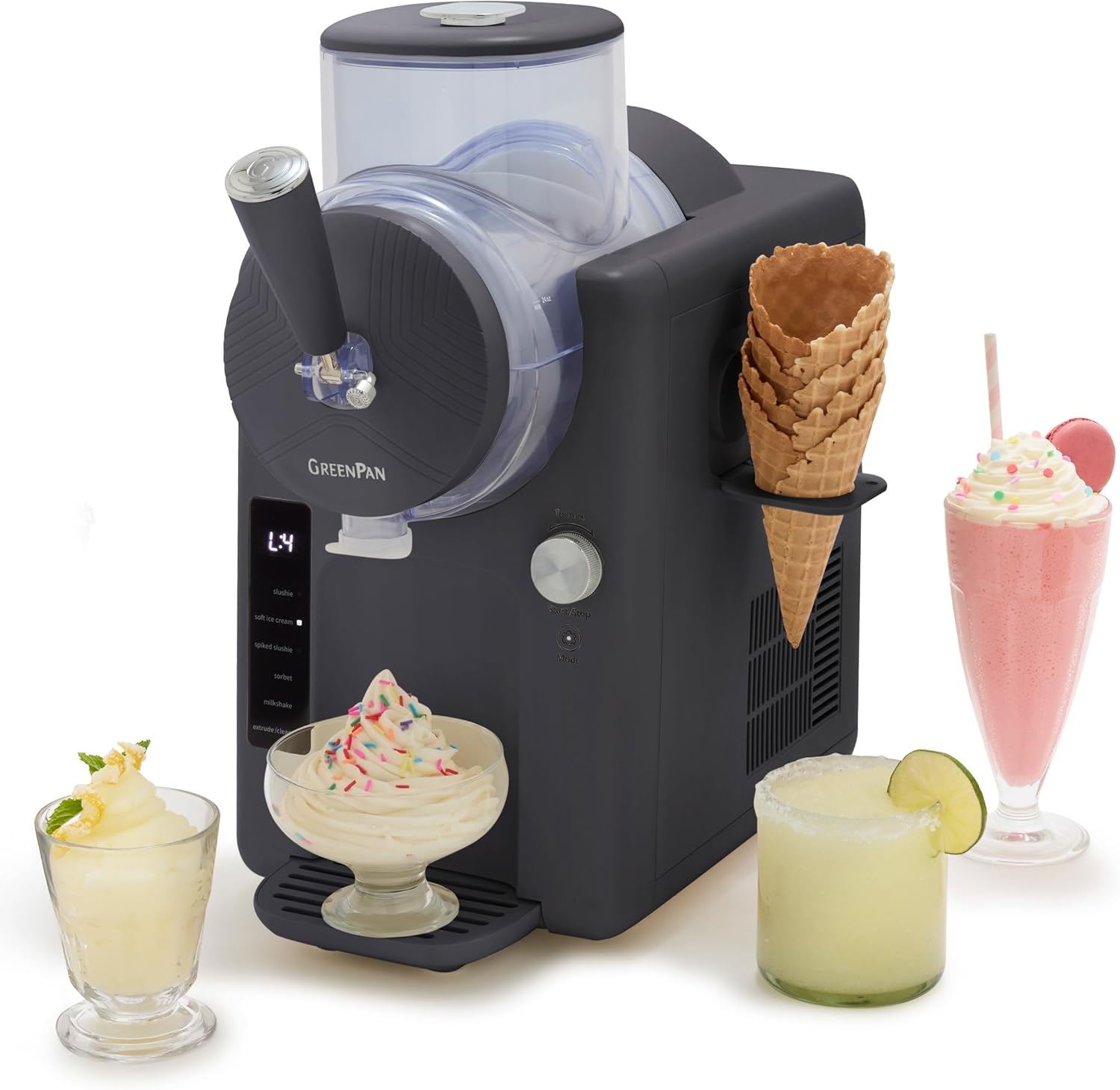 GreenPan Frost Ice Cream Machine & Frozen Drink Maker, Soft Serve, Slushie, Milkshakes & Cocktails, No Freezer Needed, 15-in-1, 7 Textures, Quiet & Rapid, Easy Clean, Family Size, Licorice Gray GreenPan Frost Ice Cream Machine & Frozen Drink Maker, Soft Serve, Slushie, Milkshakes & Cocktails, No Freezer Needed, 15-in-1, 7 Textures, Quiet & Rapid, Easy Clean, Family Size, Licorice Gray