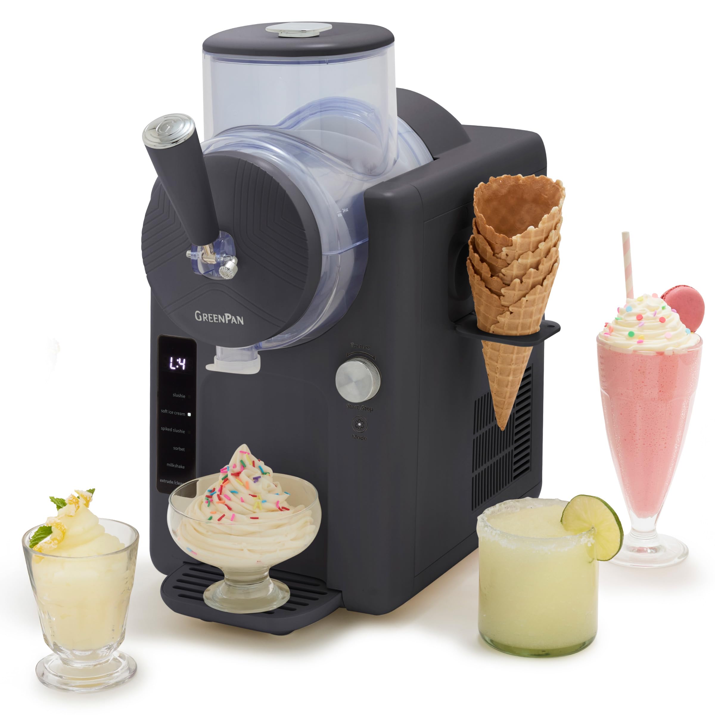 GreenPan Frost Ice Cream Machine & Frozen Drink Maker, Soft Serve, Slushie, Milkshakes & Cocktails, No Freezer Needed, 15-in-1, 7 Textures, Quiet & Rapid, Easy Clean, Family Size, Licorice Gray