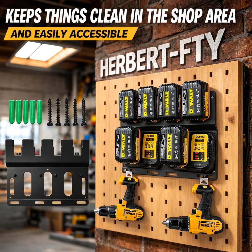 3-in-1 Battery Charger Wall Mount Holder for Dewalt 4 x 20V or 18V Battery and 2 x DCB112 or DCB115 Charger, Battery Charger Hanger/Storage/Rack/Organizer for Garage/Utility Cart/Van