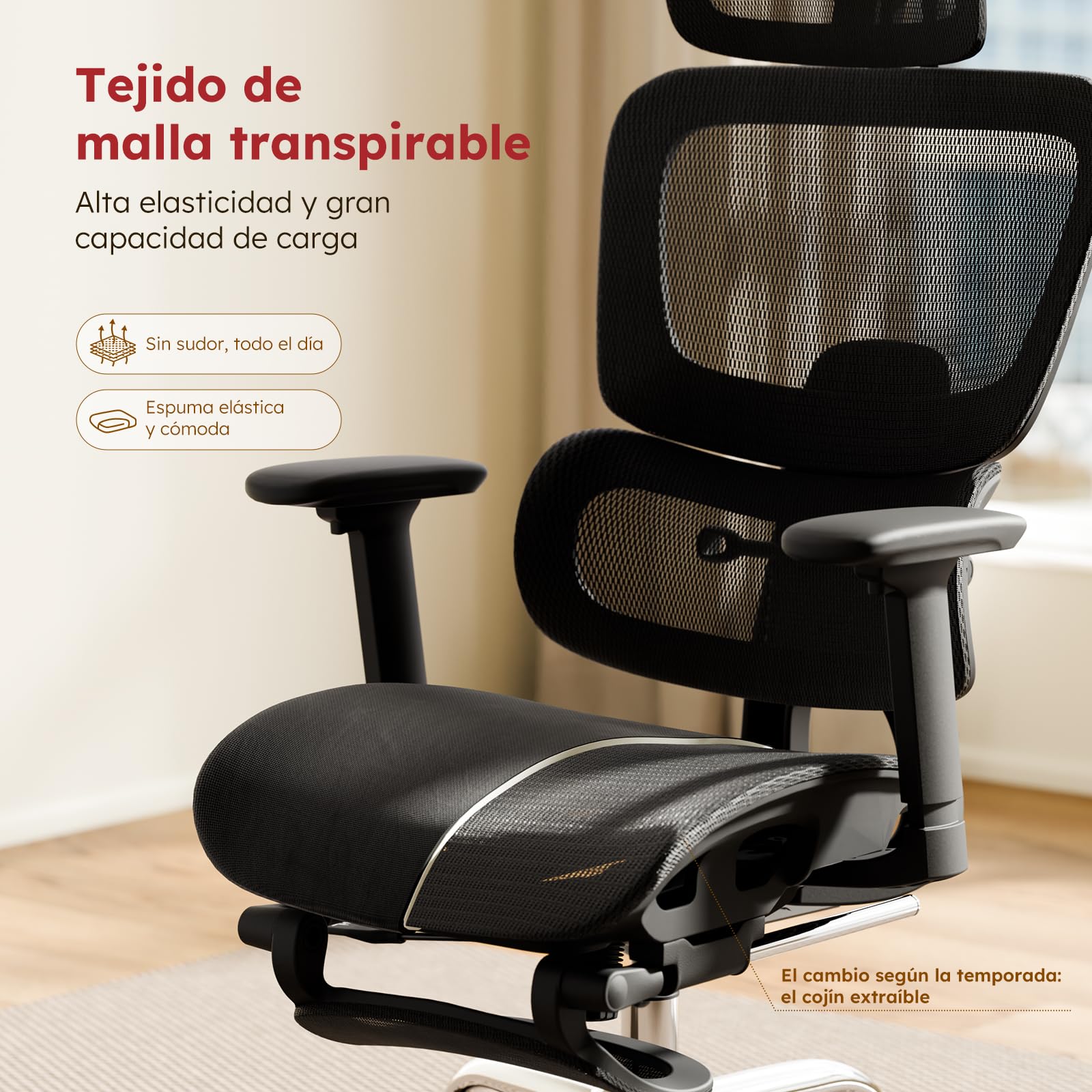Silla de Oficina ergonómica con reposacabezas Ajustable, Soporte Lumbar y reposabrazos Plegables 3D, Silla de Ordenador con Ajuste de Altura y función basculante,Silla giratoria de hasta 150kg,Negro