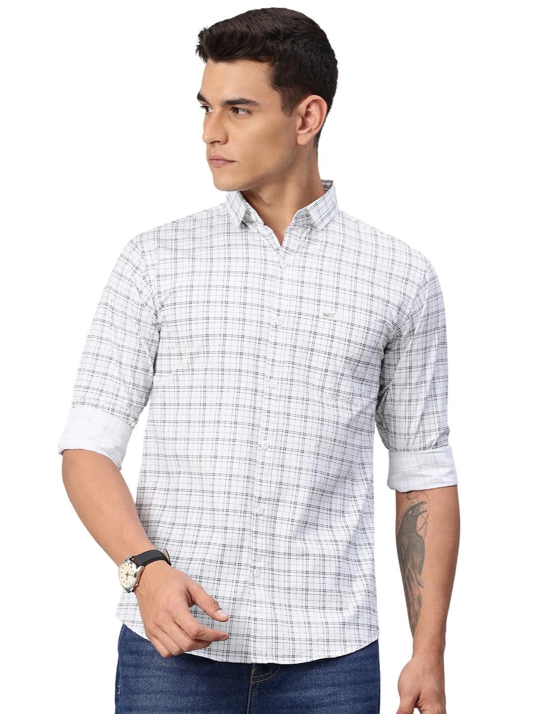 Majestic Man Comfort Slim Fit Spread Collar Small Checked Cotton Casual Shirt