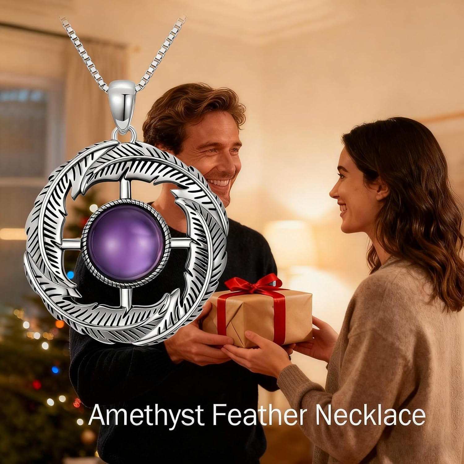 Vintage Feather Necklace, 925 Sterling Silver Natural Amethyst Pendant, Boho Gemstone Jewelry Gift for Women