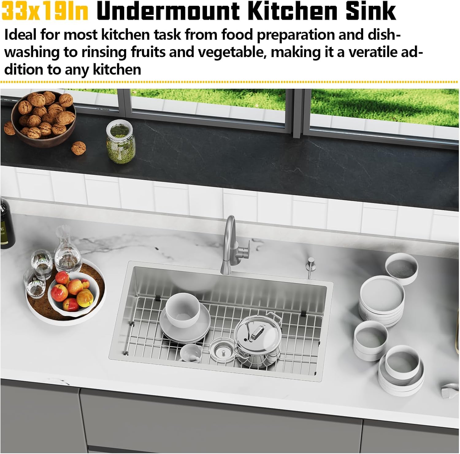 33x19 Inch Stainless Steel Kitchen Sink-Undermount Single Bowl Drop In Kitchen Sink Stylish And Modern Look Come With Bottom Grid,Silicon Mat And Drain Assembly Add Elegance & Enhance Usability