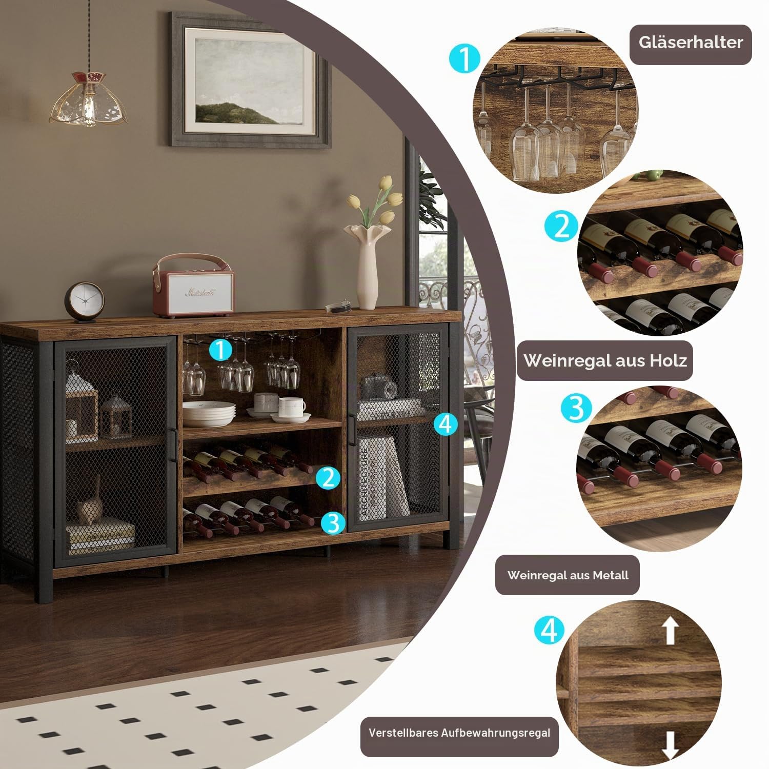Launica Sideboard Kücheschrank Mit Stauraum Industriell Weinschrankf für Spirituosen Schrank Mit Wein Regal Holz Metall Barschrank für Zuhause Küche Essen Rustikal Braun 140 cm