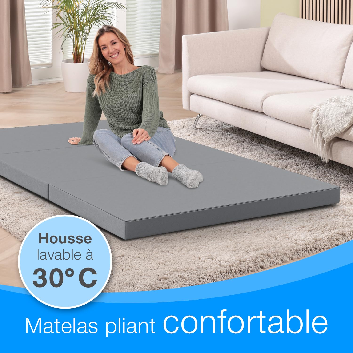 ELONEO Matelas Pliant pour 2 Personnes, 120x200 cm, épaisseur : 8 cm, idéal comme lit d’appoint ou Matelas de Voyage, Facile à Plier, utilisable comme lit d’appoint ou Cube d’Assise, Lavable, Gris
