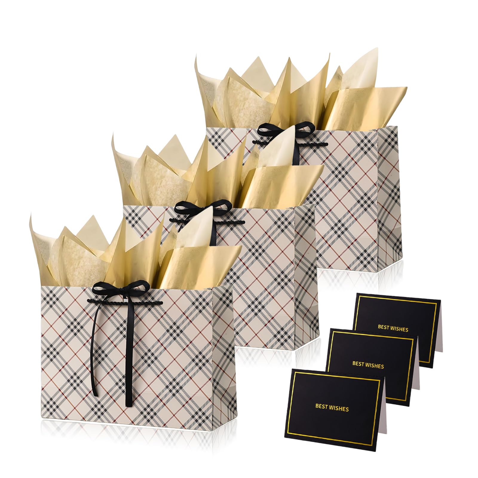 Brown Plaid Gift Bags for Presents,3P Medium Present Bags with 6 Metallic Gold Tissue/3 Card,Personalised Birthday Gift Paper Bag with Ribbon,28*20*10 Wrapping Bag for Christmas Wedding Gift Party Bag — image 1