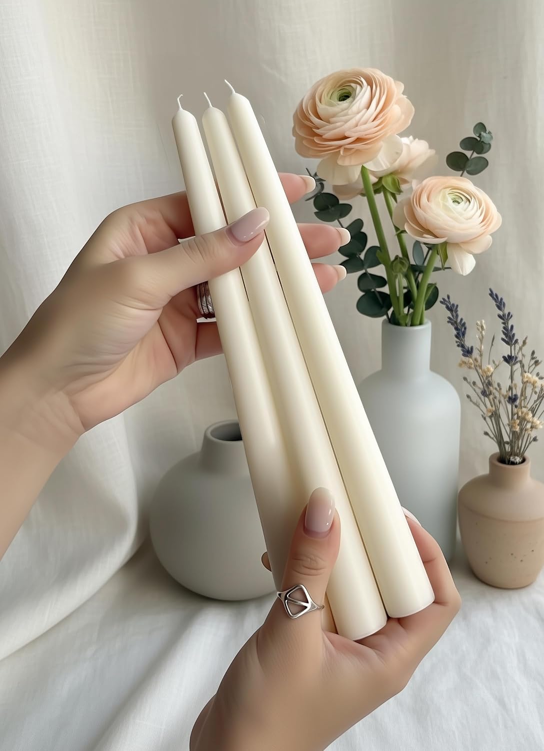 Ivory Taper Candle Bundle – 4PK Classic 10" Tapers + 3PK Assorted Candlesticks (Twisted, Ribbed & Classic) – Matte Finish Beeswax Blend for Weddings, Table Decor & Home Styling image 2
