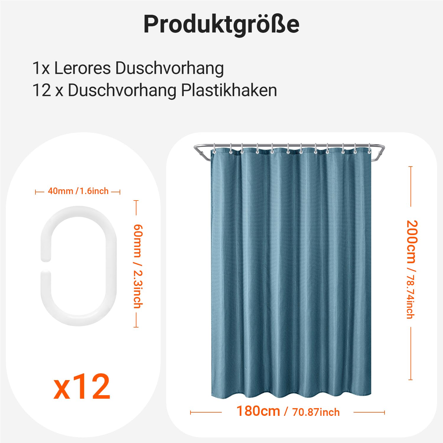 Lerores Duschvorhang 180x200 cm Waffel Mondblau, Beschwerter Saum Antischimmel Textil, Wasserabweisend, Waschbar Polyester Stoff Badevorhänge für Badezimmer, Badewanne mit 12 Duschvorhangringe