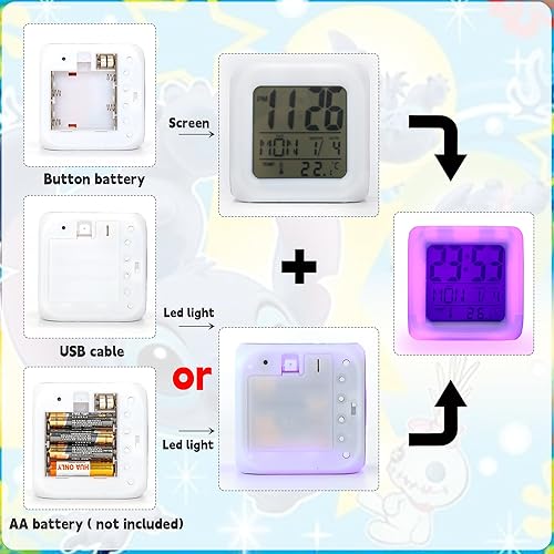 Miniatura 4 de Super Bros - Alarma para niños, mini reloj despertador LED Super BrosLadrillos, 7 cambios coloridos, hora, temperatura, fecha despertador para