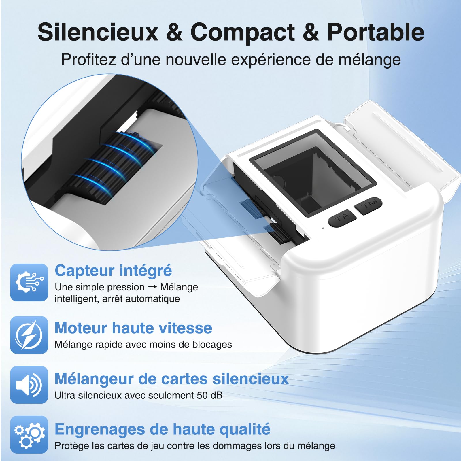 Melangeur de Carte Électronique - Mélangeur de Carte Automatique avec Batterie 2000mAh Rechargeable, Mode Auto et Manuel, Trieur de Cartes à Jouer Automatique pour 1-2 Jeux, UNO, Poker, Blackjack