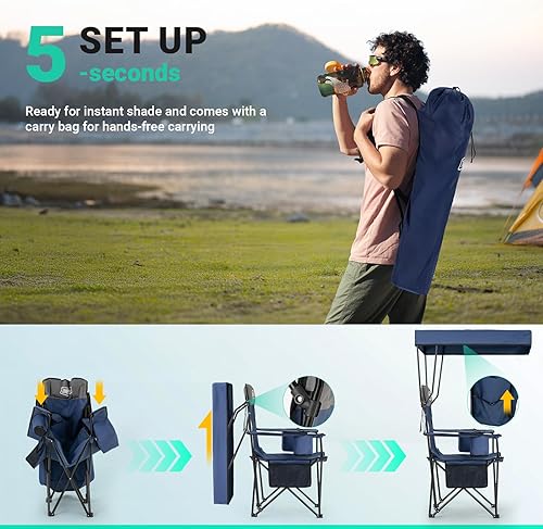 Miniatura 8 de Overmont Silla de camping de 2 piezas con bolsa enfriadora de toldo  Silla de playa plegable de gran tamaño con soporte de respaldo alto  Silla de