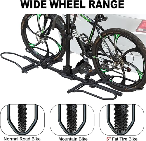 Miniatura 6 de Soporte de enganche de plataforma para 2 bicicletas, soporte plegable para bicicletas eléctricas para neumáticos gruesos de hasta 200 libras,