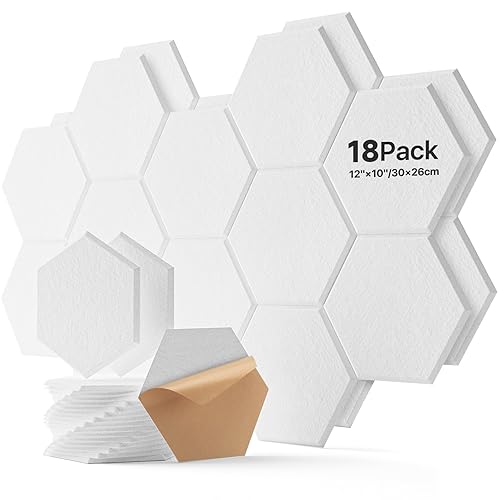 18 Pack Hexagon Acoustic Panels, Sound Proofing Panels Self-adhesive, High Density Sound Absorbing Panels for Podcaster, Sound Recordist, Game Room 12" X 10" X 0.4" - 18 Pack - White