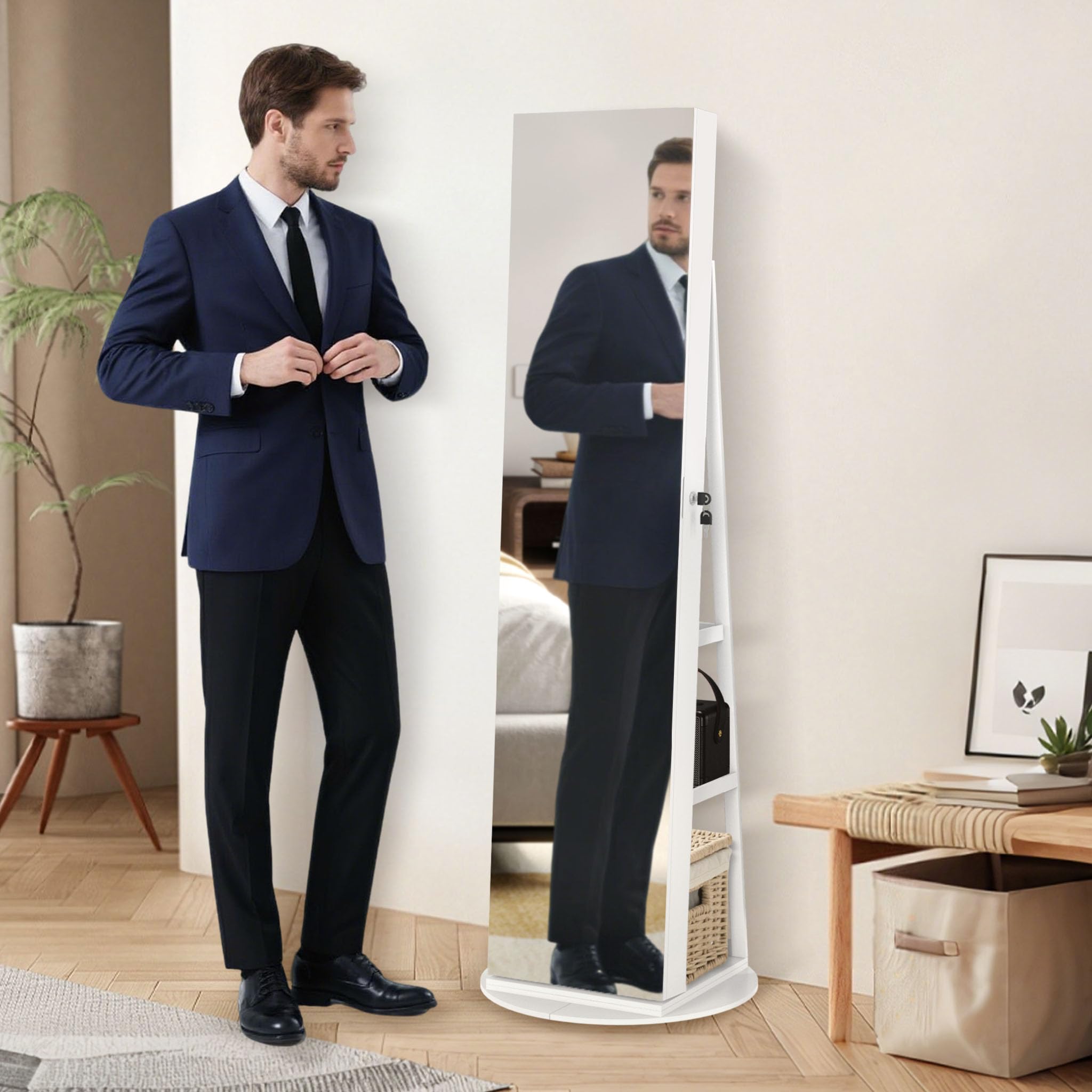 LZQ Armoire à bijoux avec miroir et lumières LED - Pivotant à 360° - Verrouillable - Organiseur de bijoux 3 en 1 - Grand rangement de bijoux - 161 x 54,5 x 10 cm - Blanc
