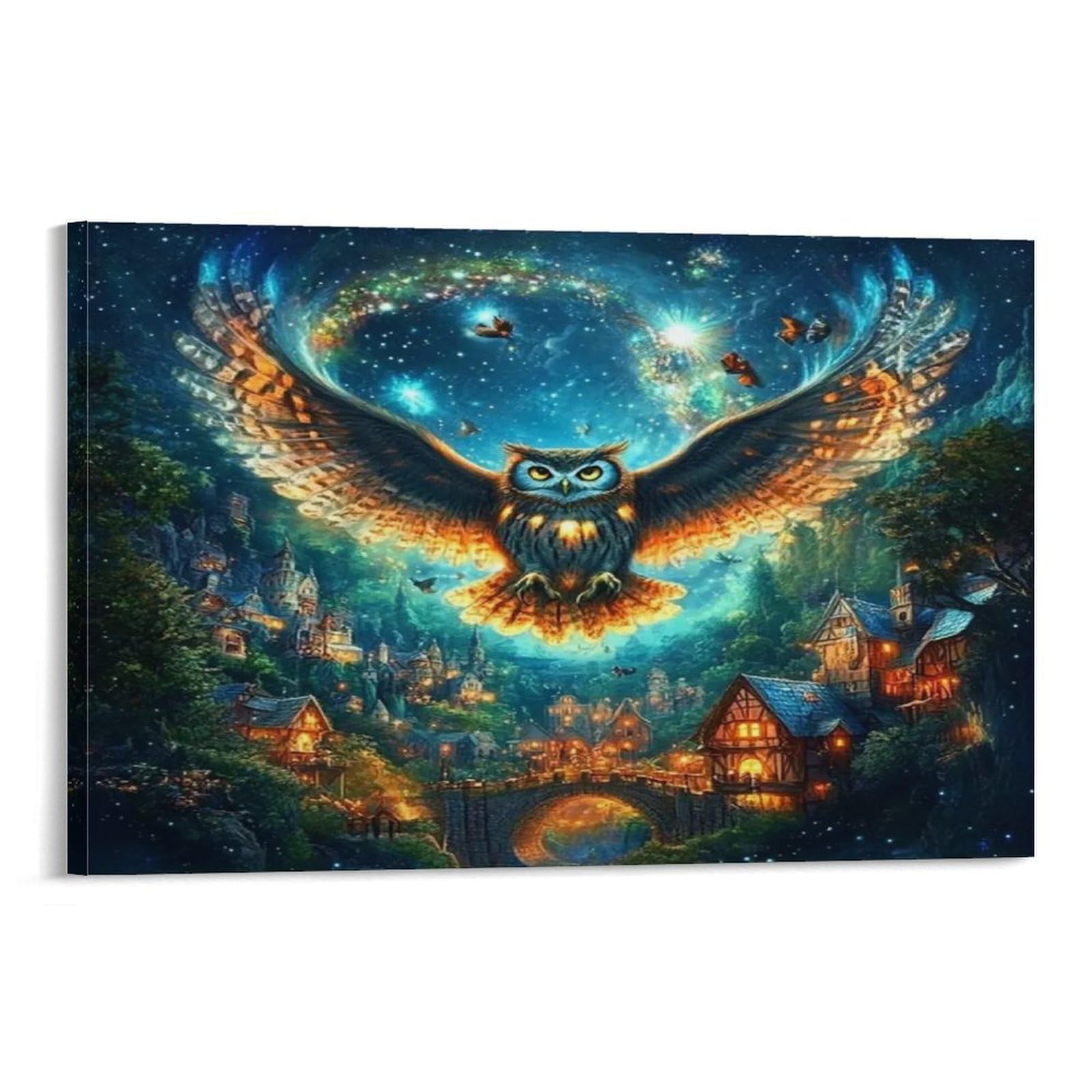 CPLVKWRQJ Starry Night Over Colorful Coastal Town Single Glowing Owl Above Magical Tiny Cottages Canvas Wall Art - Nursery Canvas Wall Hanging Space Saving Ready to Hang Decor 20x30inch(50x75cm)