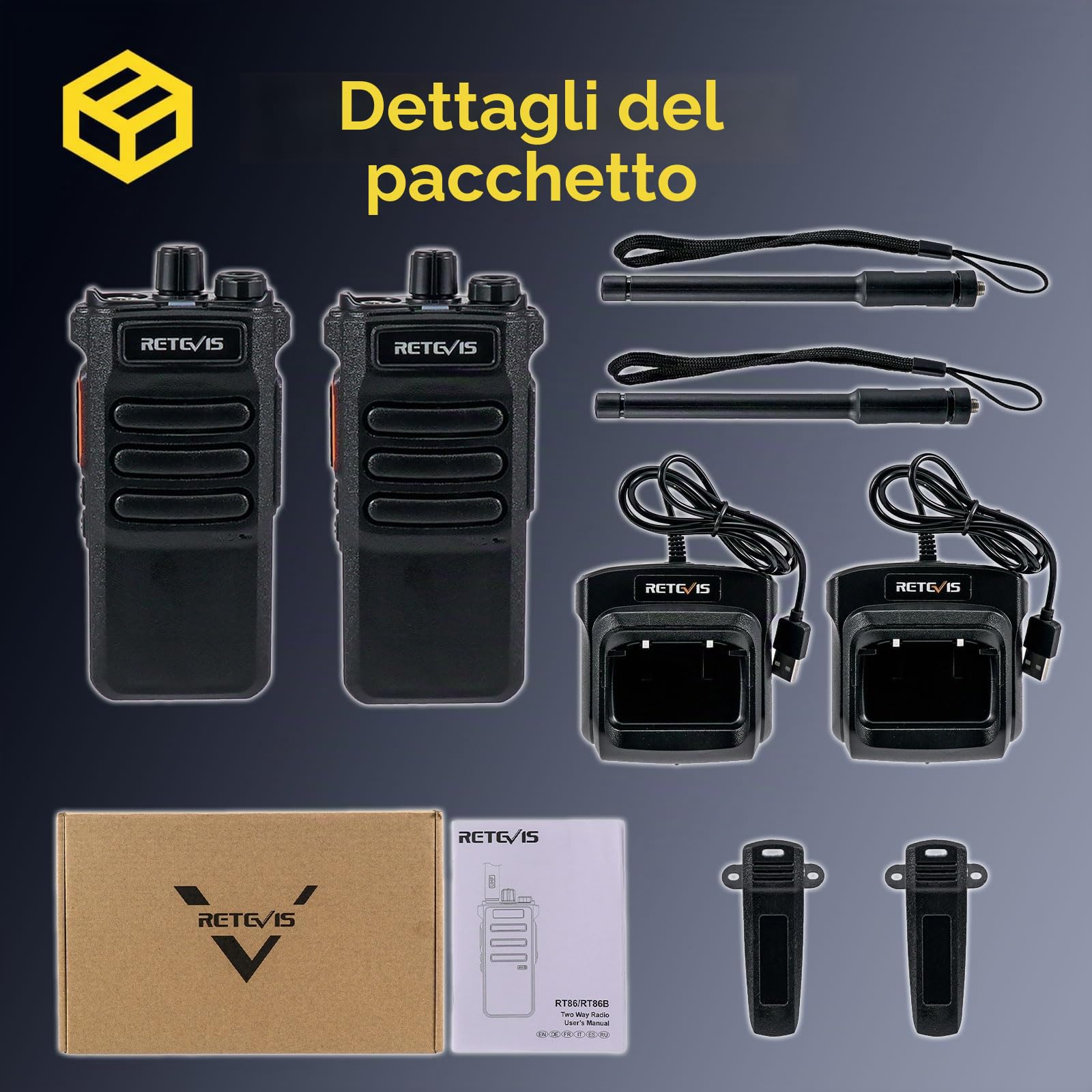 Retevis RT86 Ricetrasmittente Professionale, Walkie Talkie ad Alta Potenza | 2600mAh, Schermo, Allarme Emergenza, Ricaricabile, per Sicurezza e Industriali, Nero, 2 Pezzi