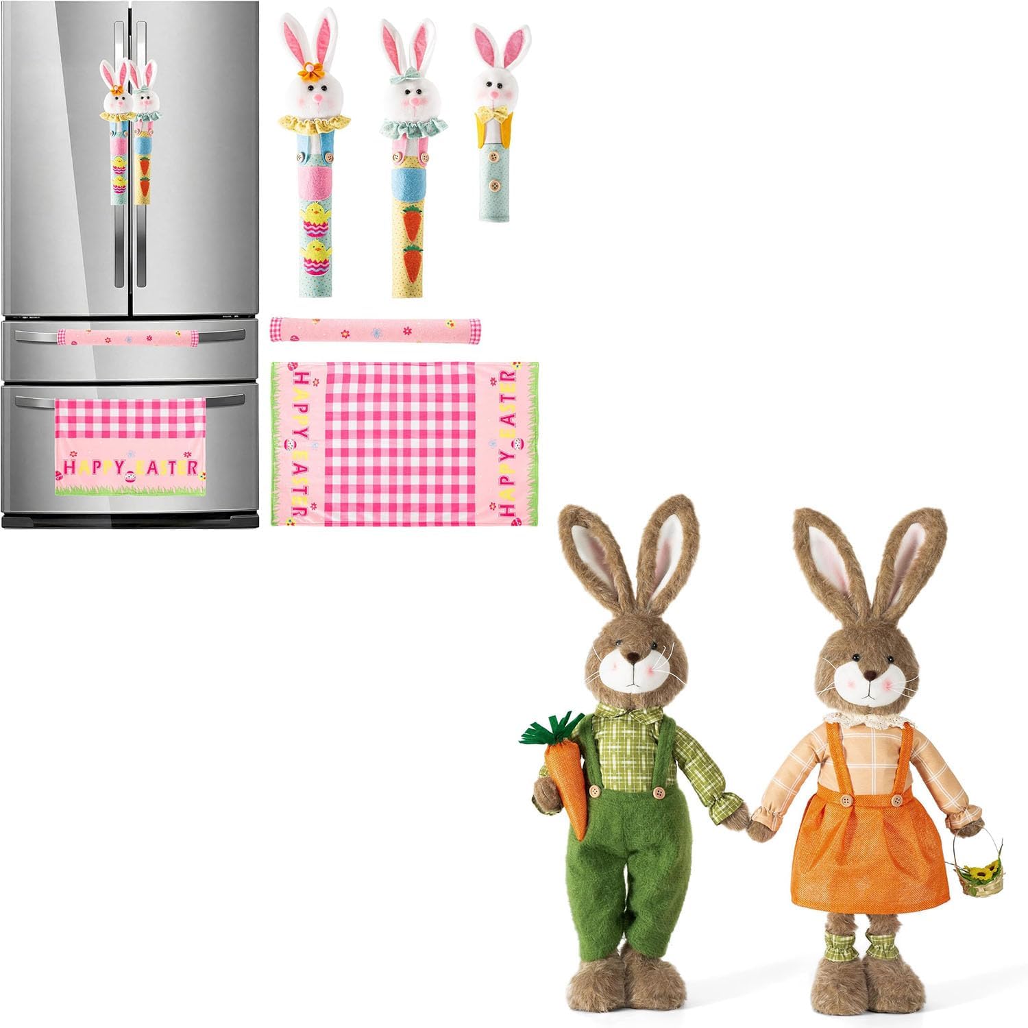 5 Pack Easter Refrigerator Handle Covers & 2 Pack Easter Bunny Decorations for Home, Easter Standing Bunny Indoor Decor, Spring Rabbit Home Party Favor Supplies