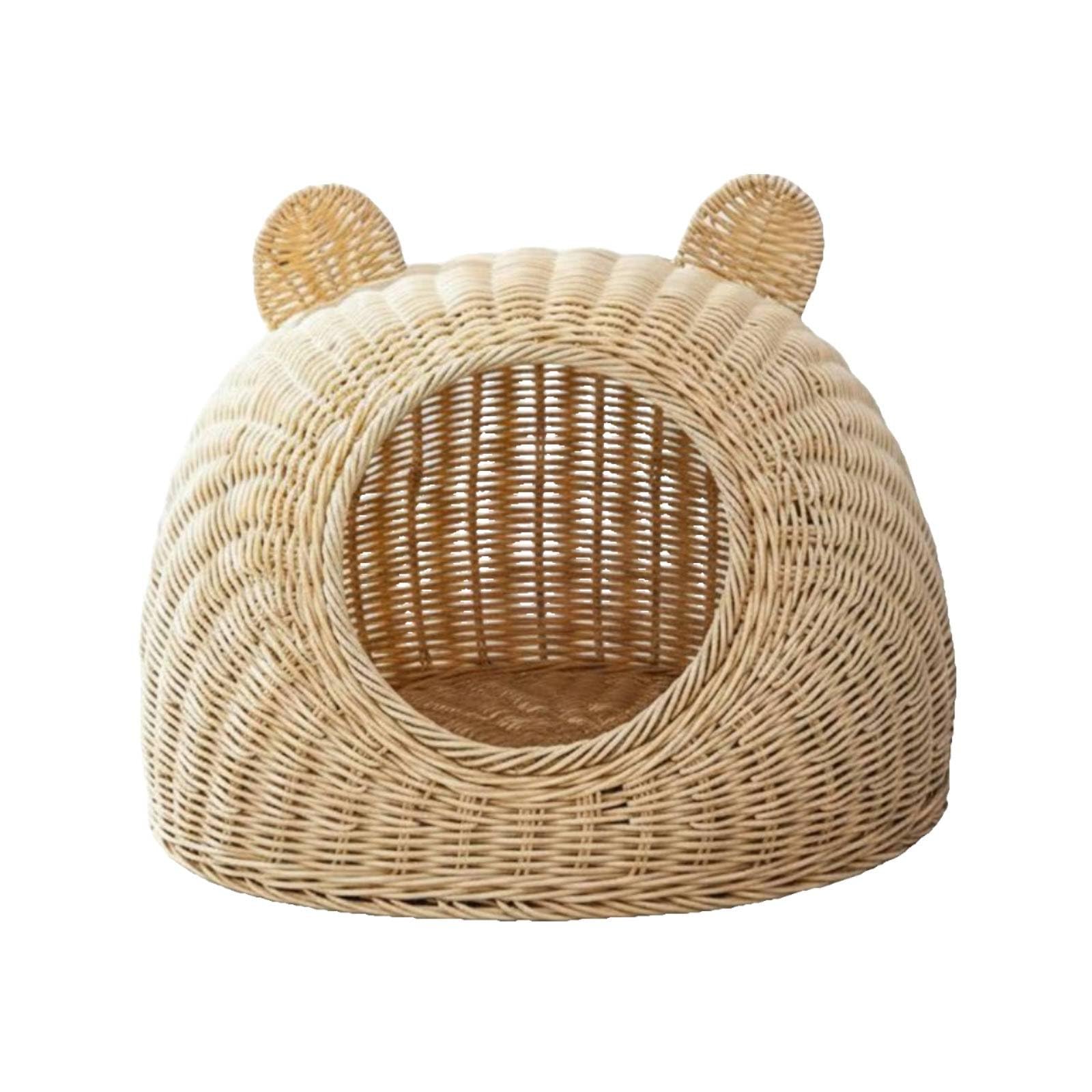 Geflochtenes Katzenbett Halbgeschlossen Rattan Katzenkorb Weiches Kissen Katzenhöhle für Innen, Balkon, Beige, Mittel