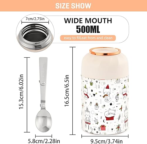 Miniatura 3 de MCHIVER Christmas Cat Cartoon Food Jar with Spoon Stainless Steel Vacuum Insulated Food Container 17 oz Food Flask for Lunch