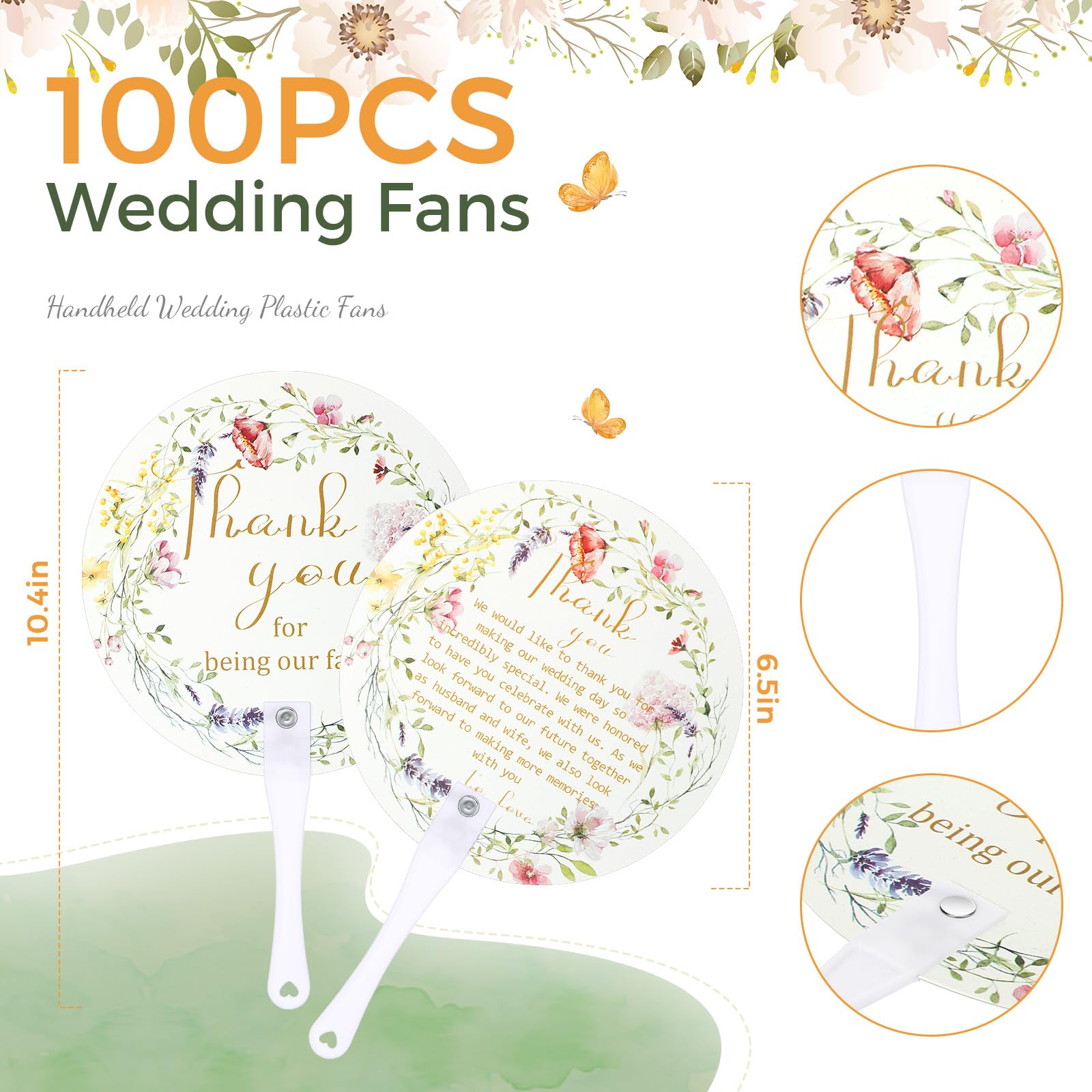 Roowest 100 Pcs Wedding Fans Bulk for Guests Floral Handheld Wedding Fans Gifts with Handle for Ceremony Bridal Shower Birthday Party Decoration