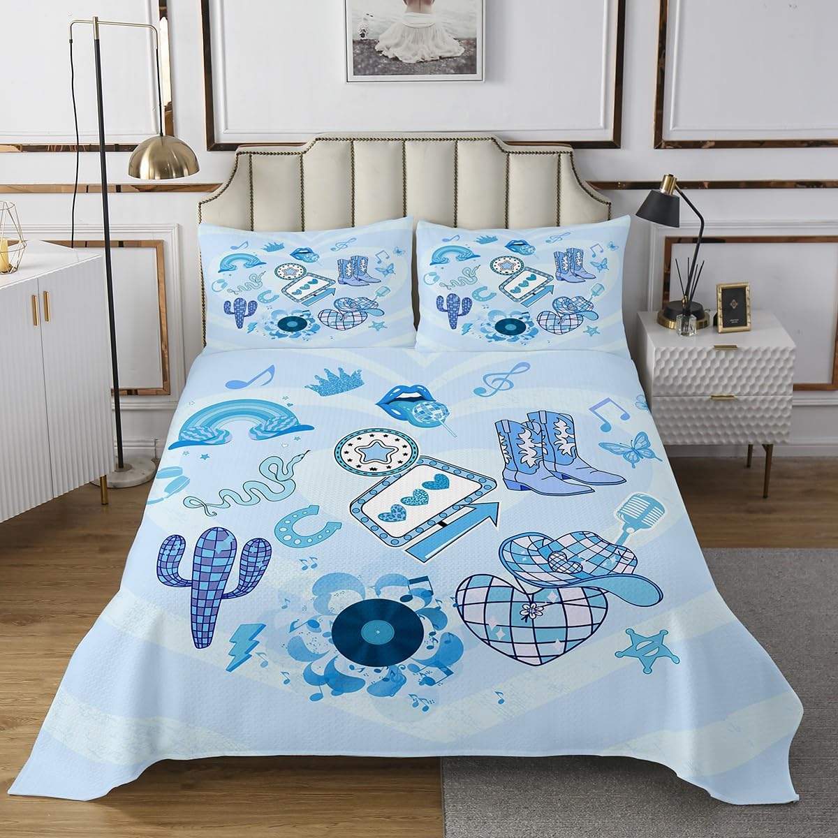 jejeloiu Kids Blue Music Bedspread Twin Size Girls Guitar Coverlet Set for Boys Teens Bedroom Decor Western Boots Quilted Coverlet Popstar Party Soft Lightweight Microfiber 2Pcs