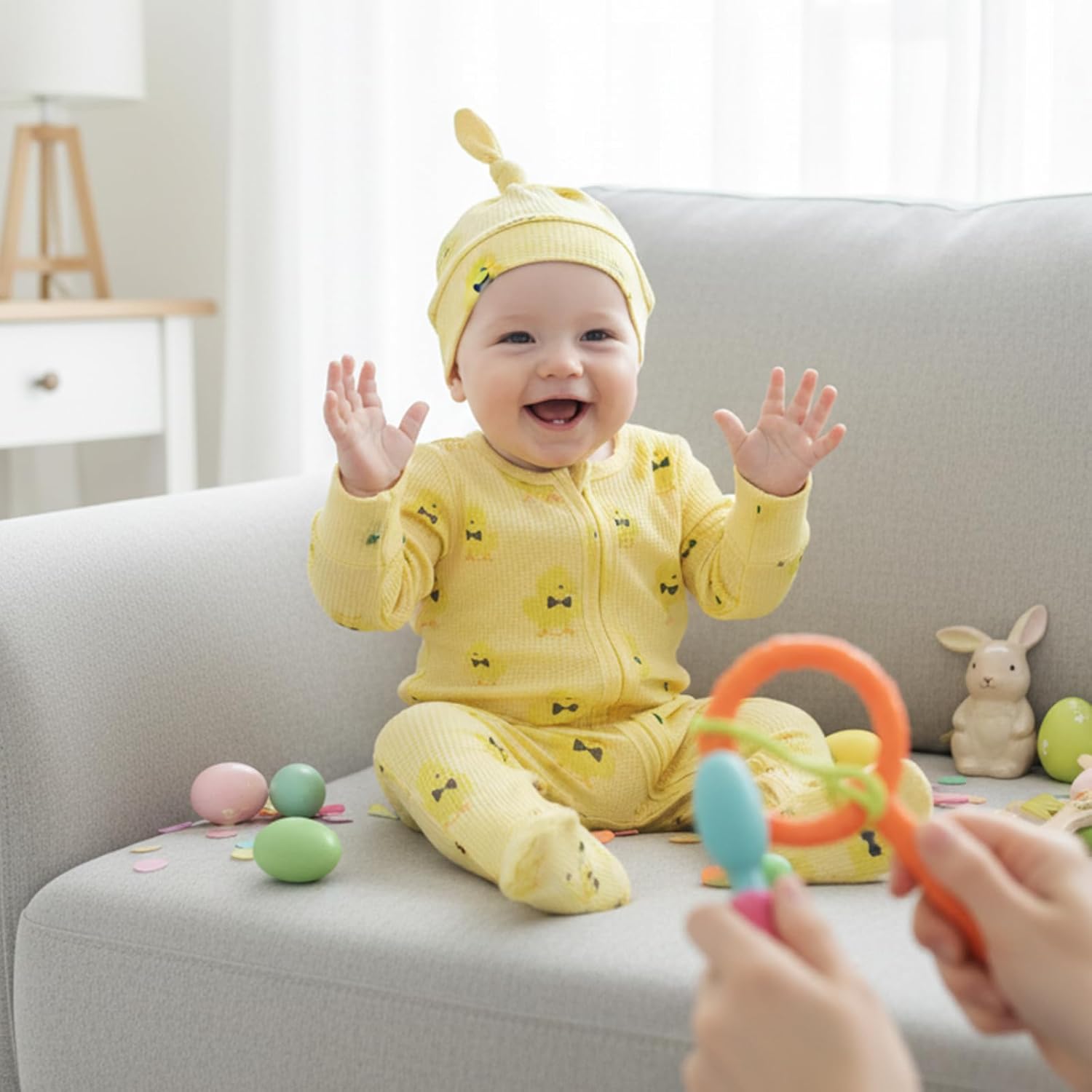 Lamuusaa Newborn Baby Boy Easter Outfit Long Sleeve Chick Print Footie Romper Zipper Bodysuit Jumpsuit Hat 0 3 6 12 18 Months - Image 3