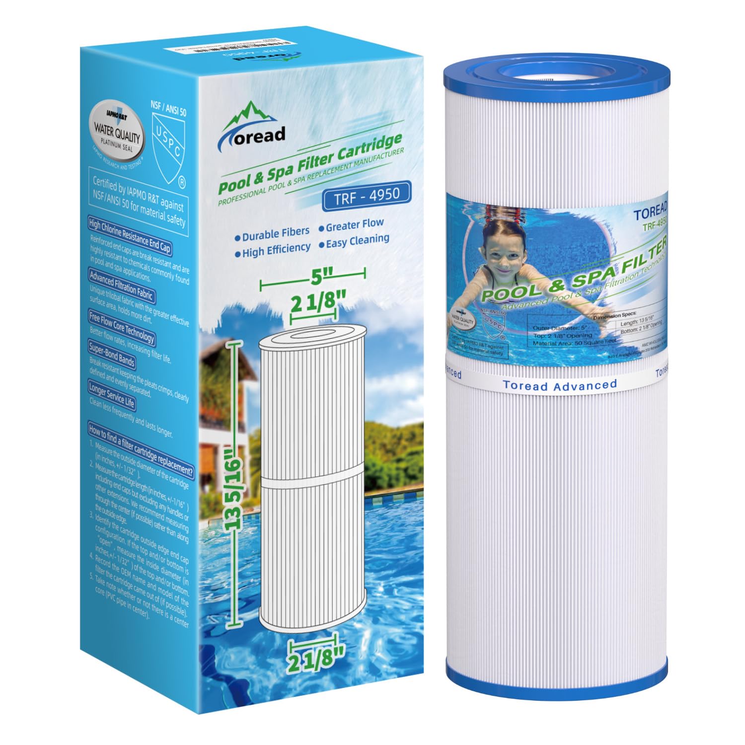 TOREAD TRF-4950 Spa Filter Replaces Unicel C-4950, Pleatco PRB50-IN, Guardian 413-212-02, Filbur FC-2390, 373045, 03FIL1600, 17-2380, Jacuzzi J210/J220/J235/J245/J275, 5X13 Hot Tub Filter, 1Pack