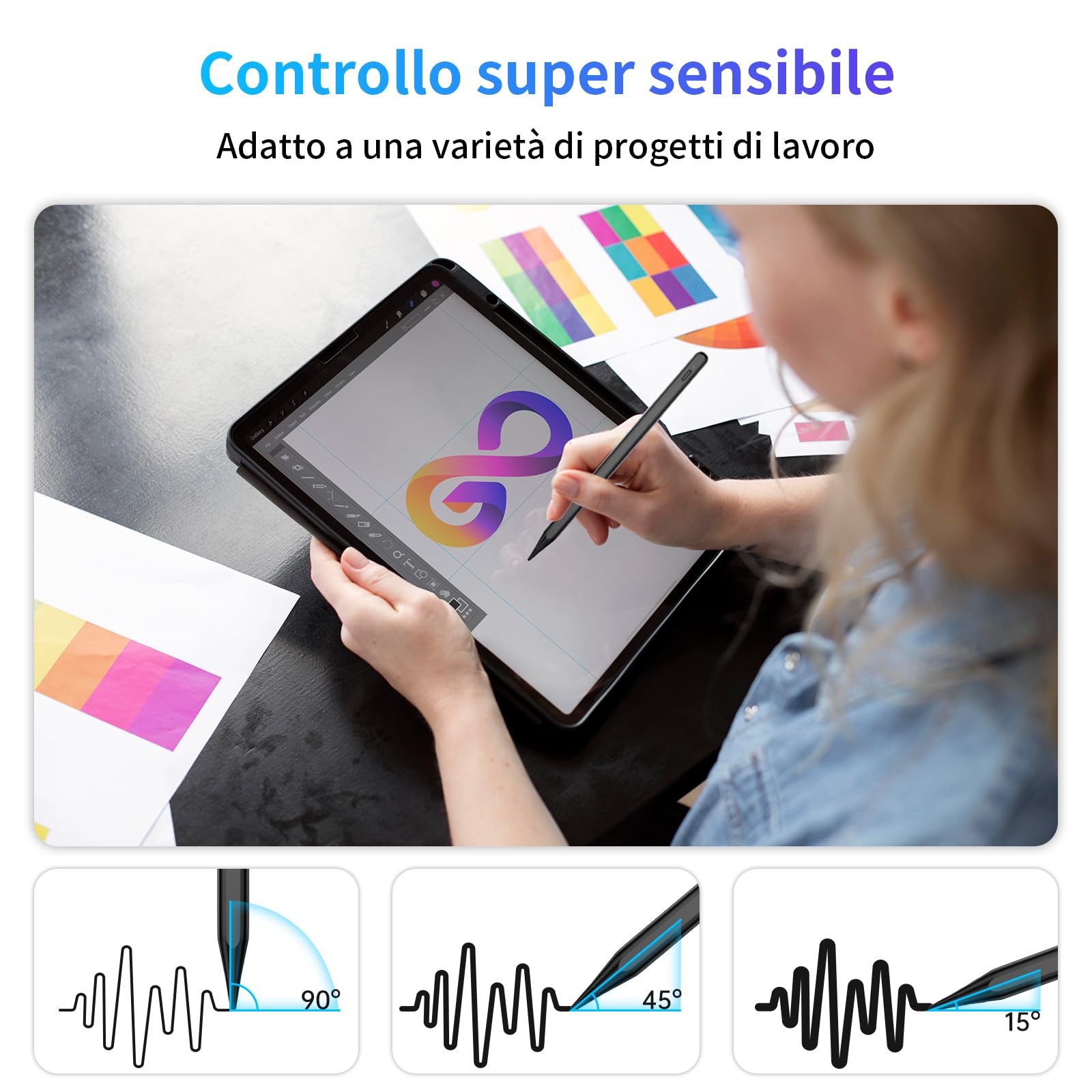 ANYQOO Penna Stilo per iPad 2018-2025, Autonomia 15 Ore, Ricarica Rapida USB-C, Anti-Tocco, Compatibile con iPad 11,10,9,8,7,6, Air 3,4,5,M2,M3, Pro M4,M2,M1 (11/12.9/13"), Mini 5,6/A17Pro