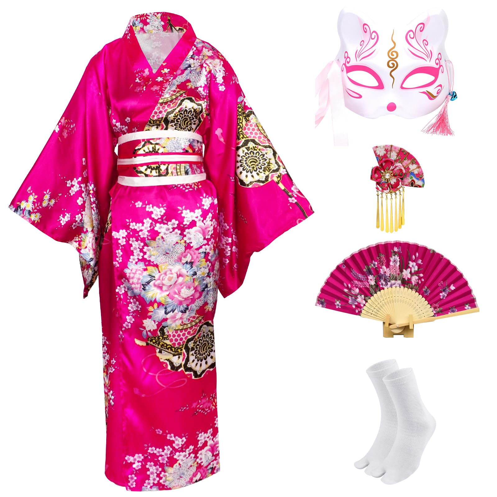 5 Pezzi Kimono Giapponese Donna, Tradizionale Giapponese Yukata Geisha Vestaglia, Abito da Stampato Floreale, Cosplay Carnevale Costume Set