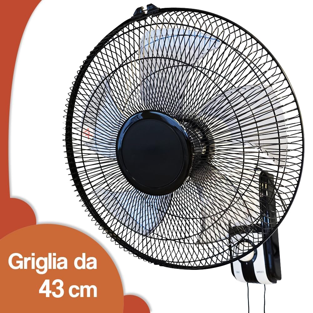 BAKAJI Ventilatore da Parete con Griglia da 43 cm e 3 Livelli di Velocità Selezionabili, Raffrescatore a Muro con 5 Pale in Polipropilene, 65 Watt di Potenza con Oscillazione Laterale Automatica
