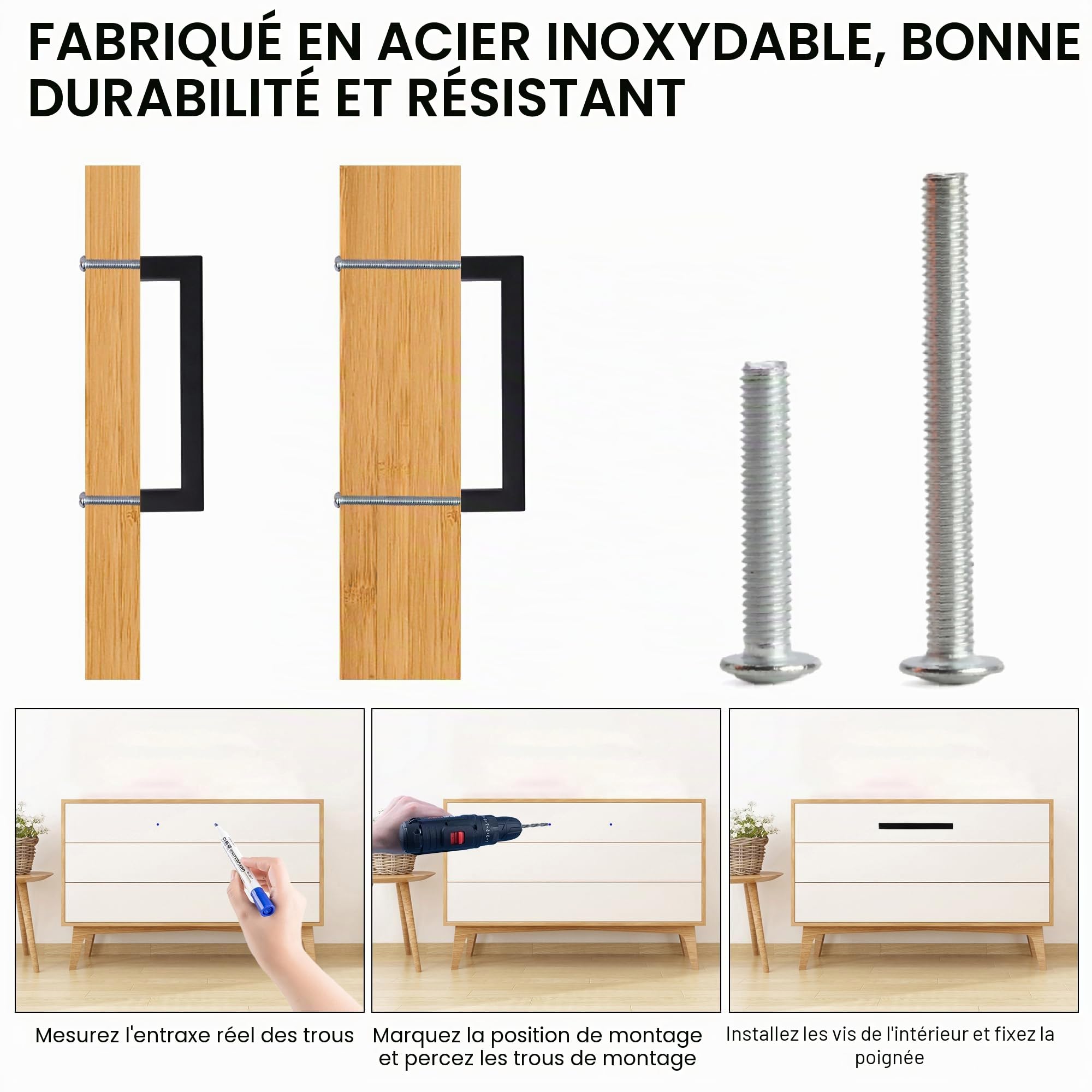 Lot de 5 poignées d'armoire carrées en acier inoxydable noir mat pour porte de cuisine ou placard - Centres des trous de 384 mm