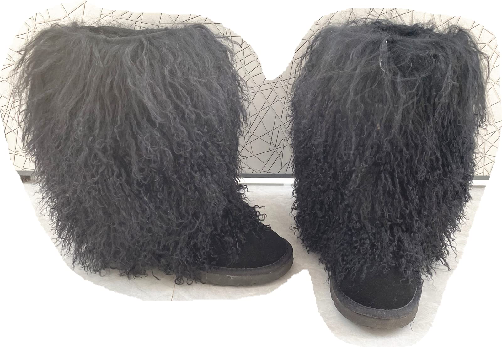 MSBT Women Mongolian Fur Boots with Real Tibetan Fluffy Furry Sheep Curly Skin Snow Boot for Luxury Ladies