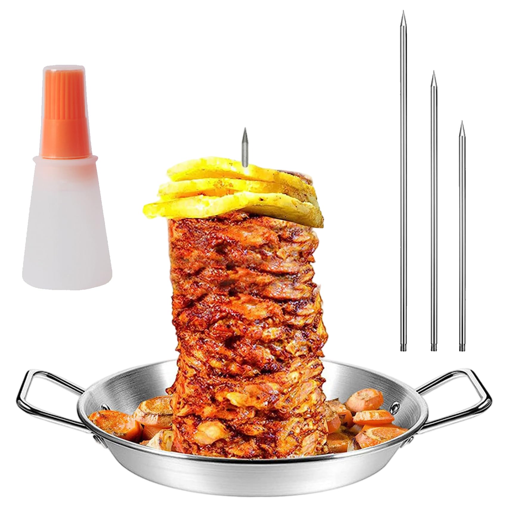 Soporte vertical para kebab con 3 pinchos extraíbles de acero inoxidable y cepillo de aceite