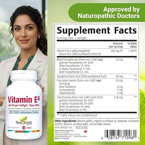 Miniatura 6 de NEW ROOTS HERBAL Cápsulas de vitamina E de 400 UI | Suplemento de vitamina E8 (120 cápsulas blandas) con los 8 tipos de vitamina E | 4 tocoferoles y