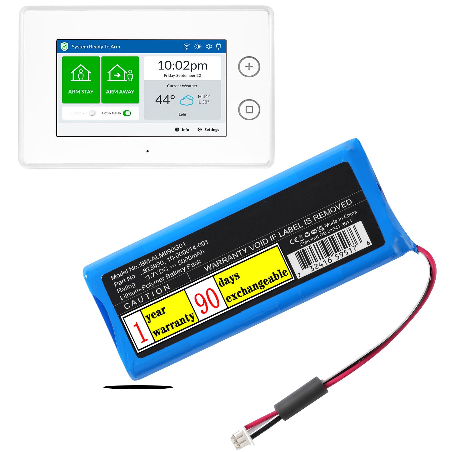 Yibudt 823990 2GIG GC3e 3.7V 5000mAh Battery Replacement for 2GIG GC3e Panel GC3 Panel SP1-GC3,10-000014-001 823990