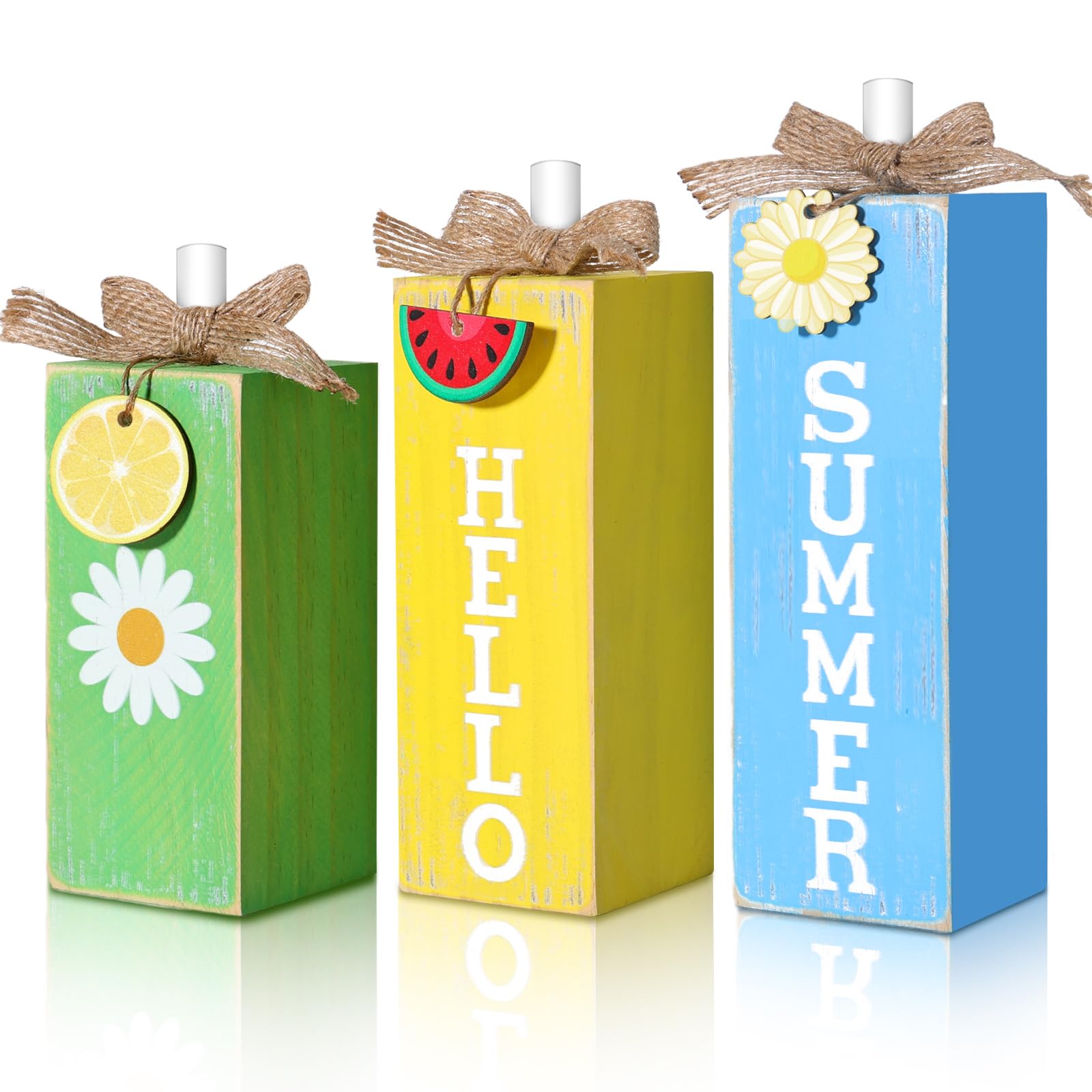 Set Of 3 Rustic Hello Summer Wood Blocks – Lemon, Watermelon & Daisy Designs For Tiered Trays, Shelves Or Farmhouse Table Centerpieces