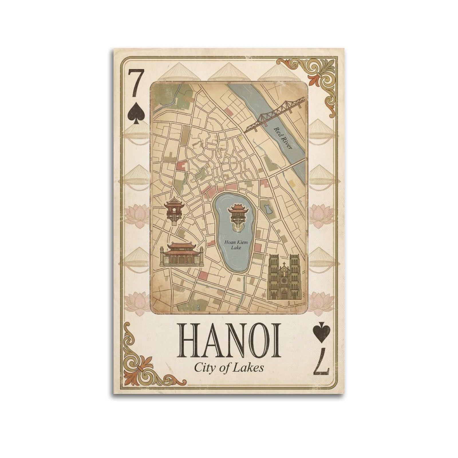 OKNGB Vintage City Map Poster Hanoi Old Quarter Lakes Playing Card Style Decorative Painting Canvas Art Picture 16x24inch(40x60cm)