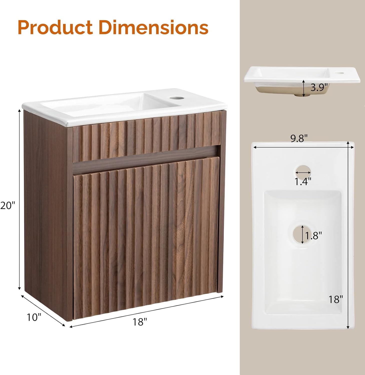 VINGLI 18" Floating Fluted Bathroom Vanity with Ceramic Sink, Wall Mounted Bathroom Vanity Cabinet with Fluted Single Door&White Ceramic Basin Top, 18 Inch Floating Wall Sink Cabinet Combo,Walnut
