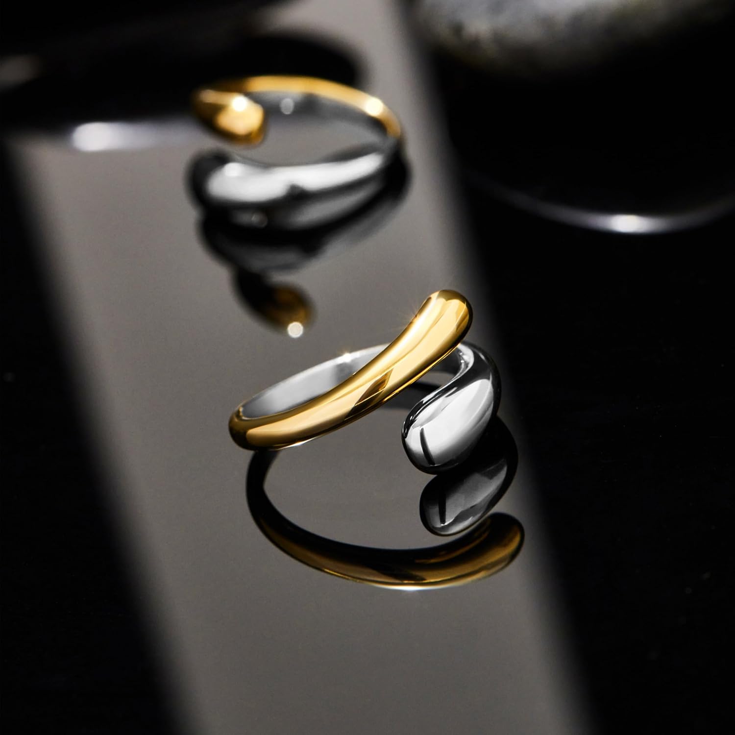 Non Tarnish Gold Chunky Rings for Women, 14K Gold Plated Statement Dome Rings Stacking Silver, Adjustable Mens Eternity Wedding Band Mixed Metal Jewelry Size 3-13 - Image 6