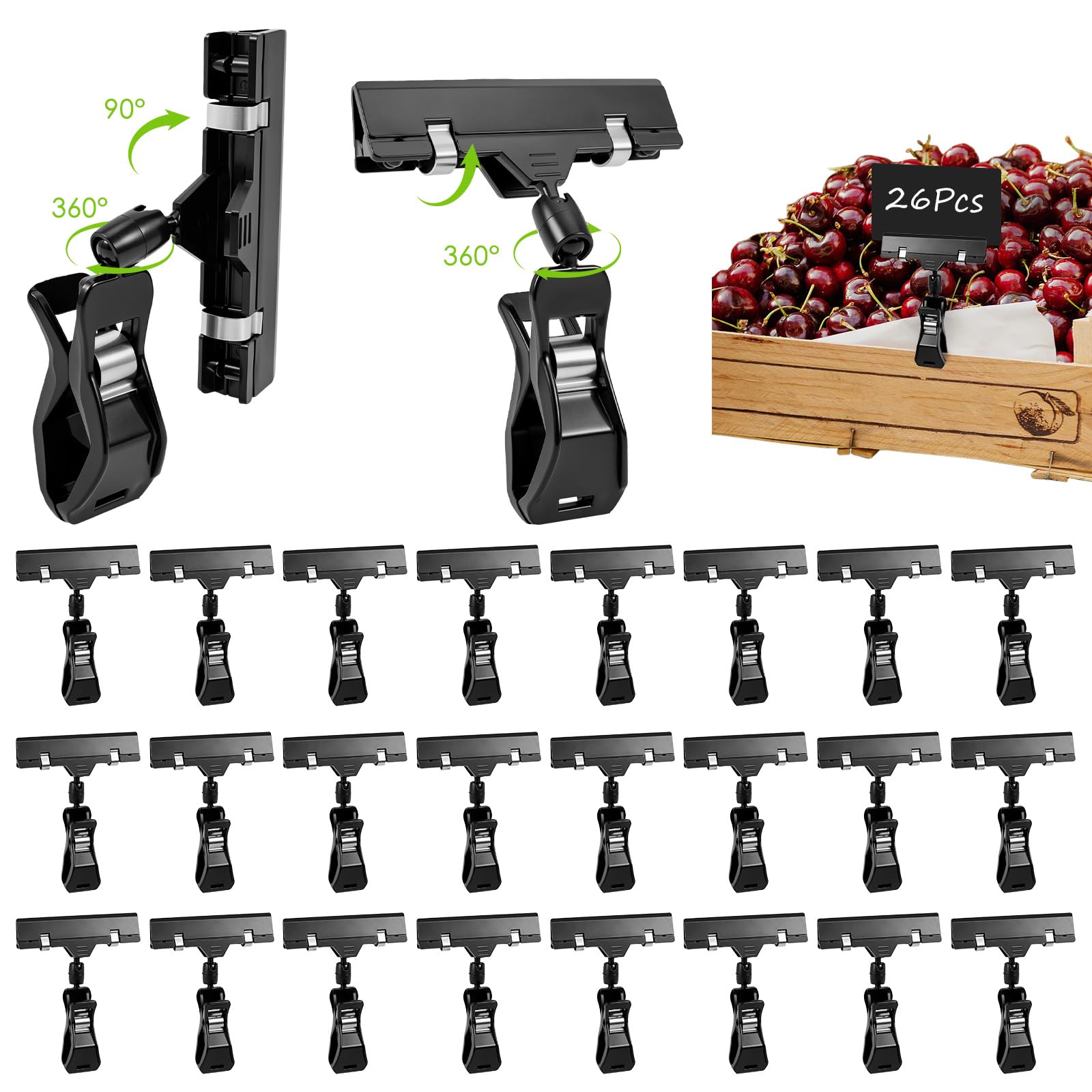 26 Pcs Black Plastic Sign Holder Clips, 360° Rotatable Pop Clip, Adjustable Merchandise Sign Display Clips, Double Clip Price Tag Holder Clamp for Supermarket, Retail Store, Office and Exhibition