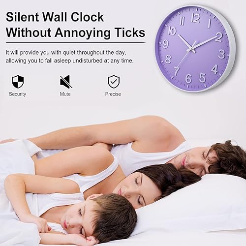 Miniatura 5 de HZDHCLH Relojes de Pared Morados Operados con Batería, 12 pulgadas Silenciosos Sin Tictac Reloj de Pared Moderno para Sala de Estar Dormitorio
