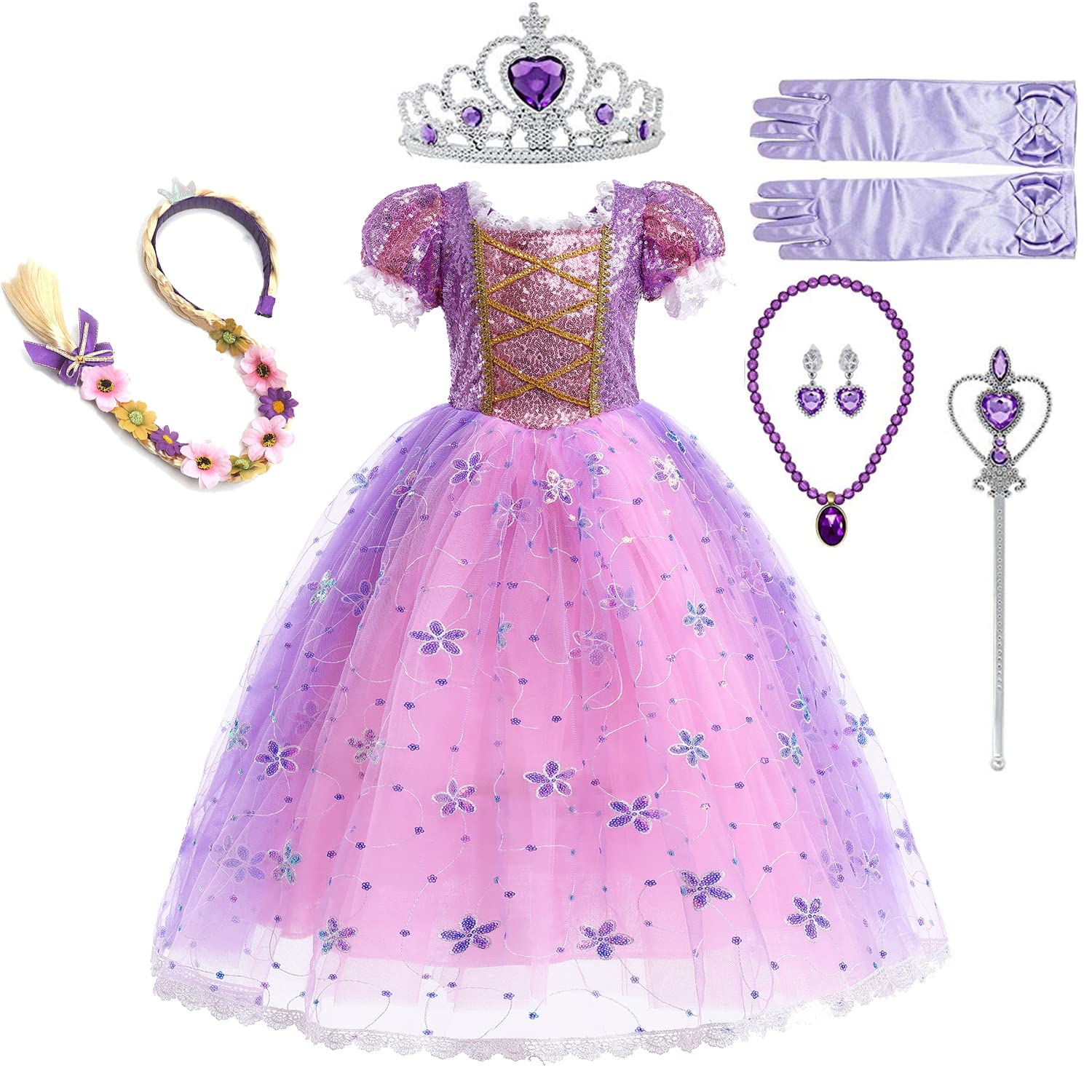 WOOLUCK® Disfraz Princesa Niña, Niña Princesa Rapunzel Vestido con 6 Accesorios, Vestido de Princesa Tul Maxi Cumpleaños Fiesta Cosplay Navidad Halloween Carnaval Bautizo Vestidos