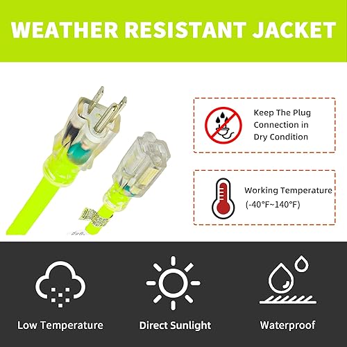 Miniatura 62 de Cable de extensión iluminado para exteriores 12/3 de 6 pies, calibre 12, 3 puntas, SJTW, resistente cable de extensión rojo neón con enchufe de 3