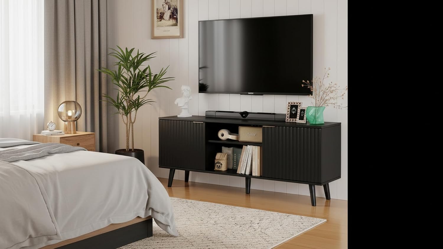 55 inch Fluted TV Stand with Storage, Mid Century Modern Entertainment Center with Adjustable Shelf, TV Table Stand up to 65 Inches TVs for Living Room, Bedroom, Black - Image 7