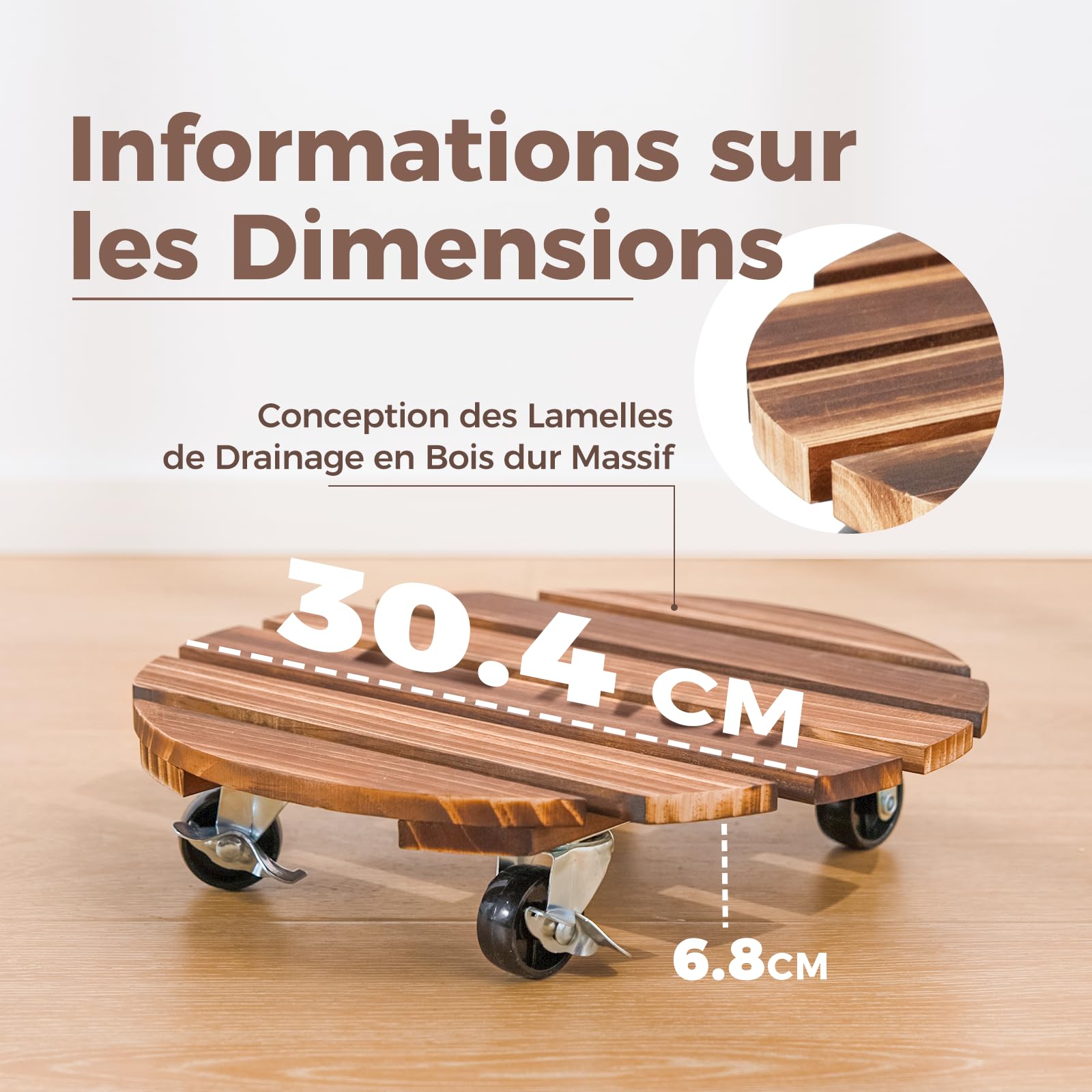 Bamworld Porte Plante à Roulettes, Lot de 2 Plateaux Roulants 30,5 cm, Capacité 100 KG, Marron Foncé