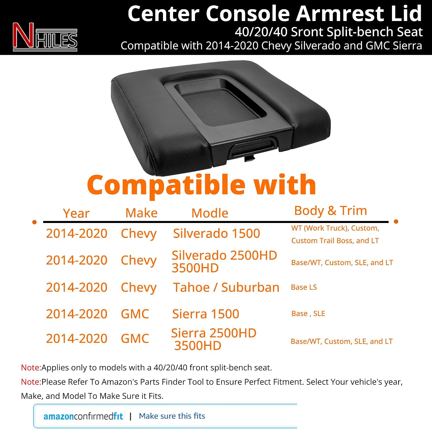 Center Console Armrest Lid Fit 2014-2020 Chevy Silverado and GMC Sierra | 40/20/40 Sront Split-Bench Seat,Black,Replace Part # 22881398