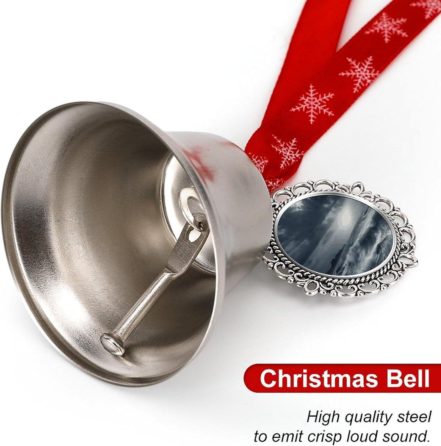 Stormy Sea Christmas Bells Ornaments with Wings & Heart Silver Bell Pendant for Christmas Tree Home Door Mantle Fireplace Decoration