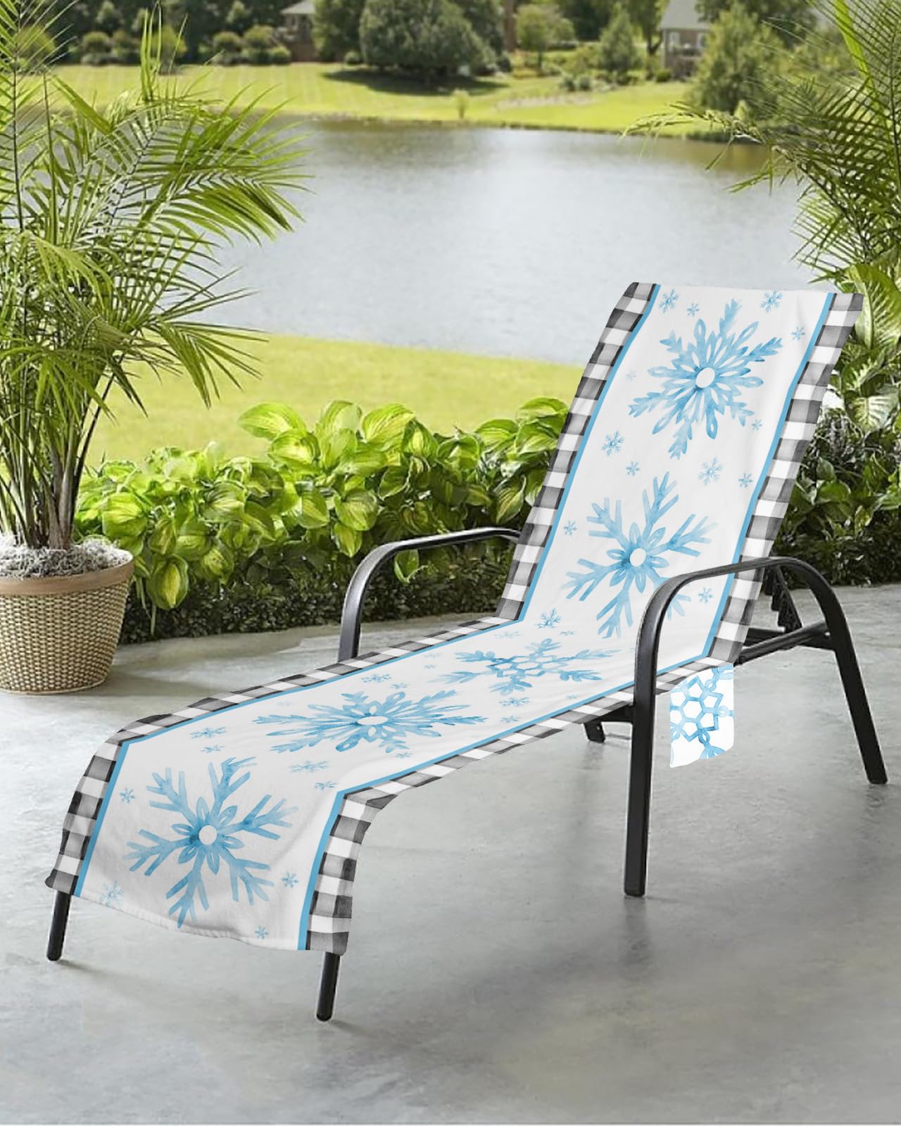 Blue Snowflake Beach Chair Towel Covers for Chaise Lounge with Side Pocket, Soft Plush Pool Towels Cover for Patio Sunbathing Outdoor 29''x85'' Christmas Country Farmhouse Plaid