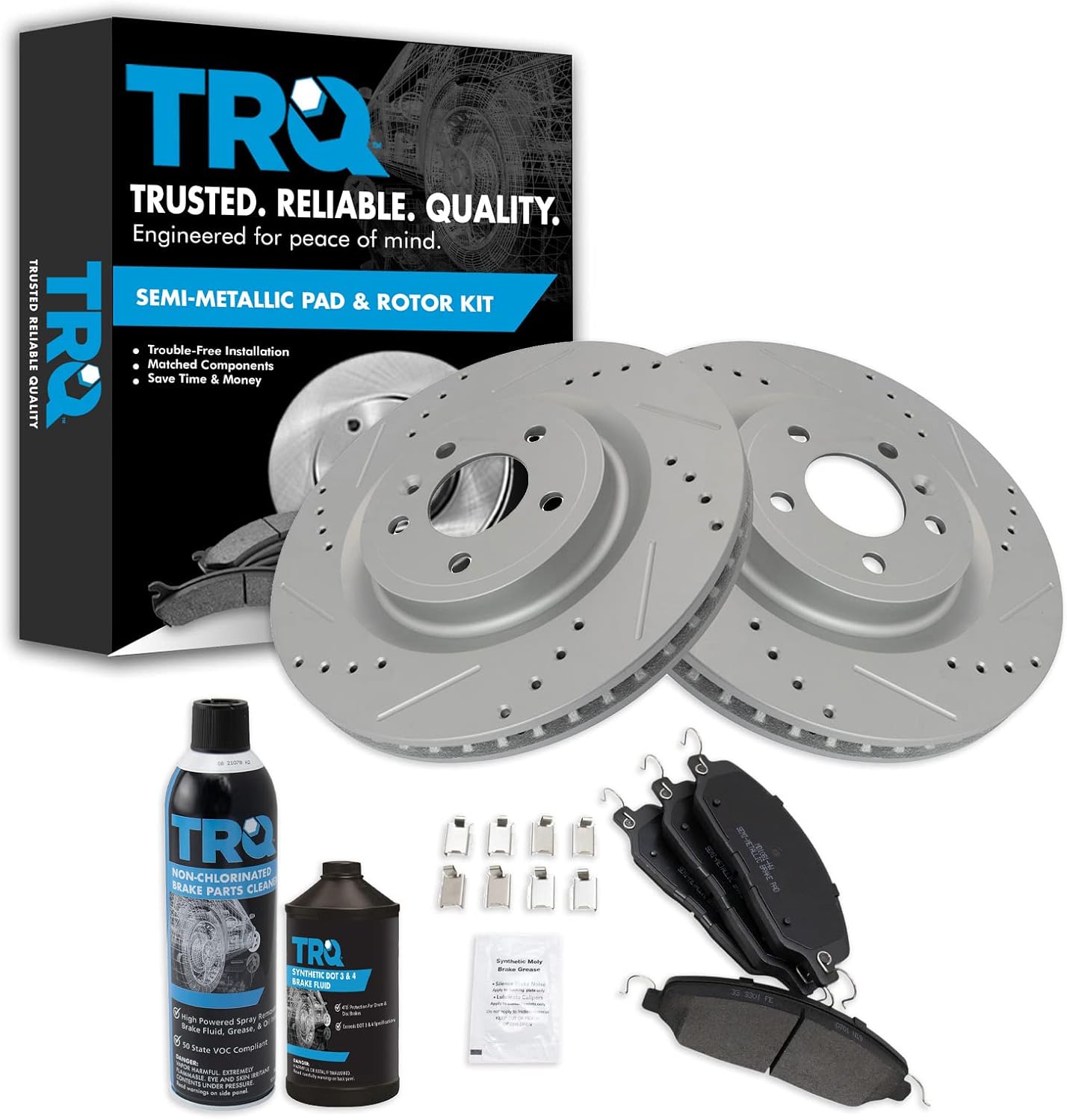 TRQ Front Performance Brake Pad & Rotor Kit Brake Chemical Kit Brake Pads Brake Rotors Set Semi-Metallic Premium G-Coated Compatible with 2013-2014 Ford Mustang