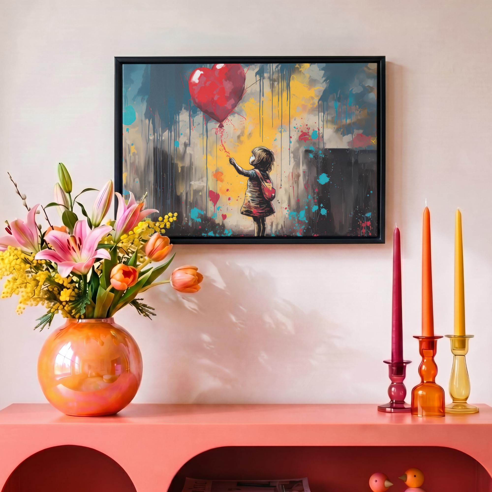 OnlyWow© Lienzo Con Marco De Madera 30x20 cm Cuadros Decorativos Salon Modernos Dormitorio Lienzos Canvas Living Room Wall Art Pasillo Chica - Globo - Corazón - Graffiti